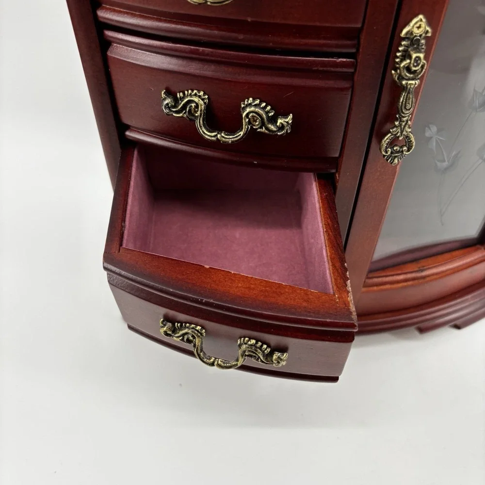 Vintage Mahogany Wood Jewelry Armoire Chest - Etched Glass Door & 5 Drawers